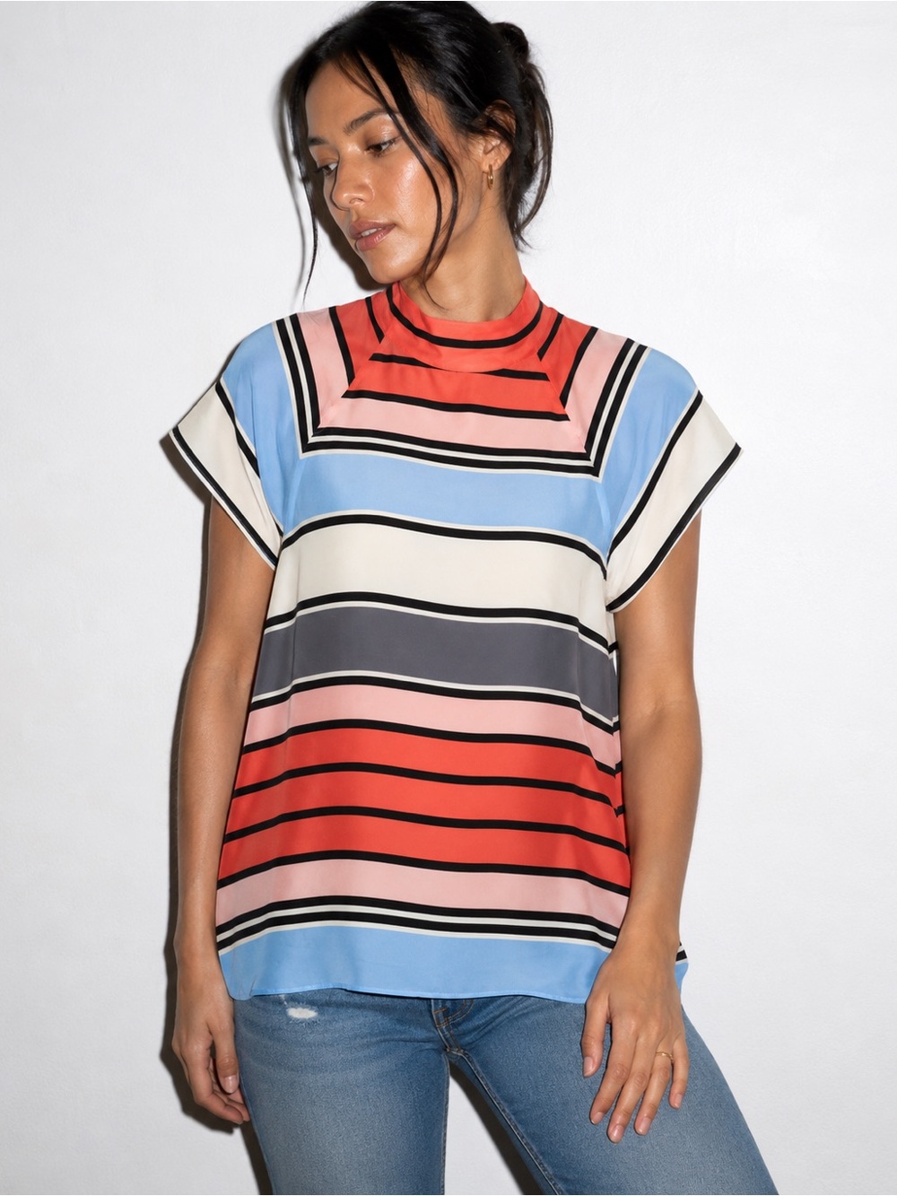 Emporio Armani Multicolor Striped Mock Neck Silk-Like Blouse Top
